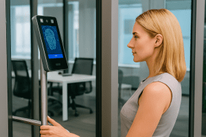 A lady operating access control system