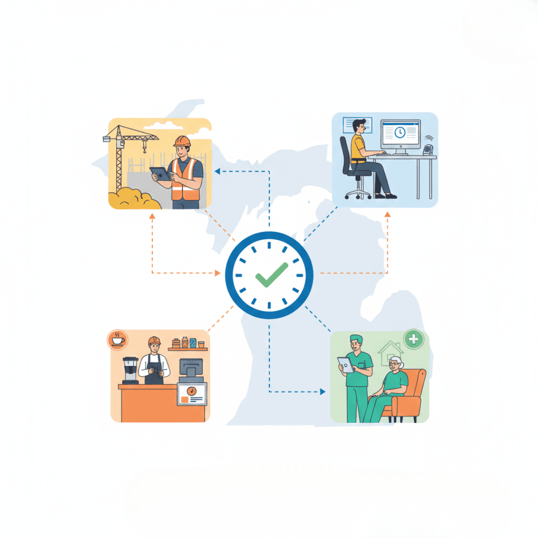 showcasing various methods of time capture across diverse worksite environments