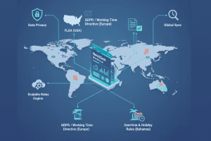 World map represting NextGen features like Data privacy , Global synch GDPR, FLSA, Overtime and holiday rules
