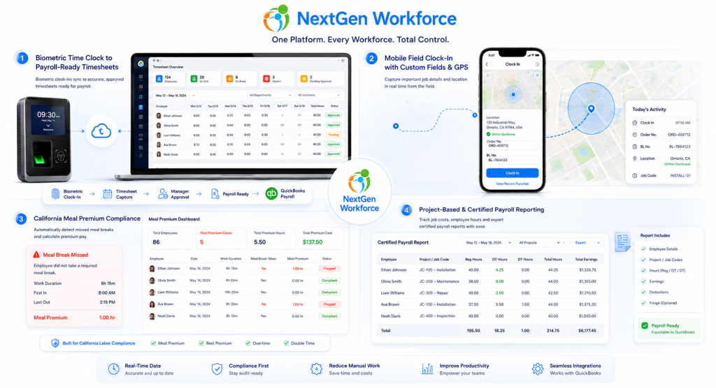 Canadian QuickBooks + biometric overtime workflow Field employee Order No. / BL No. capture California meal premium automation Certified payroll and project-based reporting