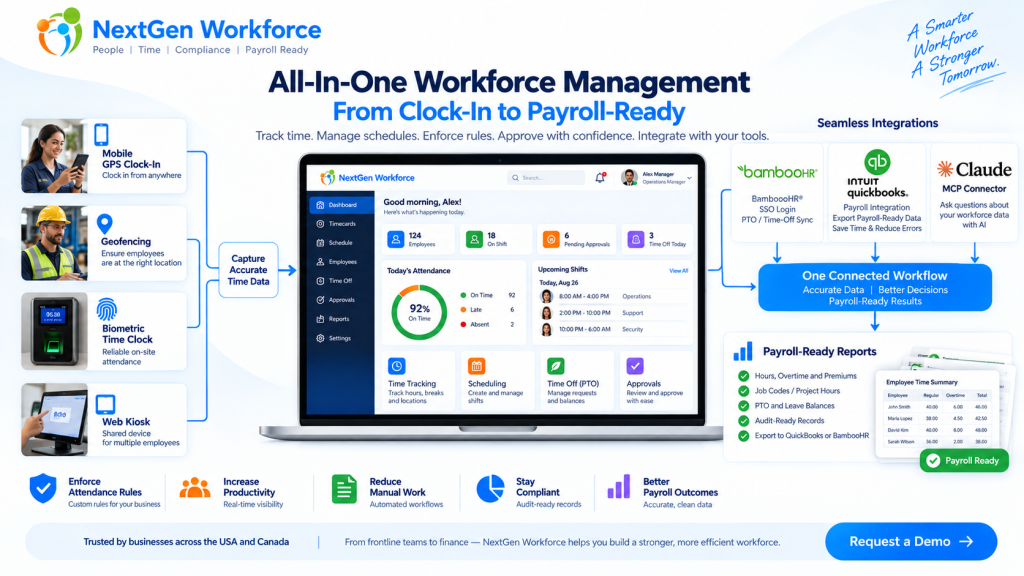 time tracking software, attendance management software, employee scheduling software, biometric time clock, mobile GPS time clock, geofencing attendance, custom attendance rules, overtime tracking software, payroll-ready reports, QuickBooks time tracking, BambooHR time tracking integration